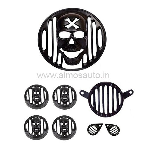 Royal Enfield Motorcycle Skull Face Head Light Grill Set For Classic 350 & 500 Model